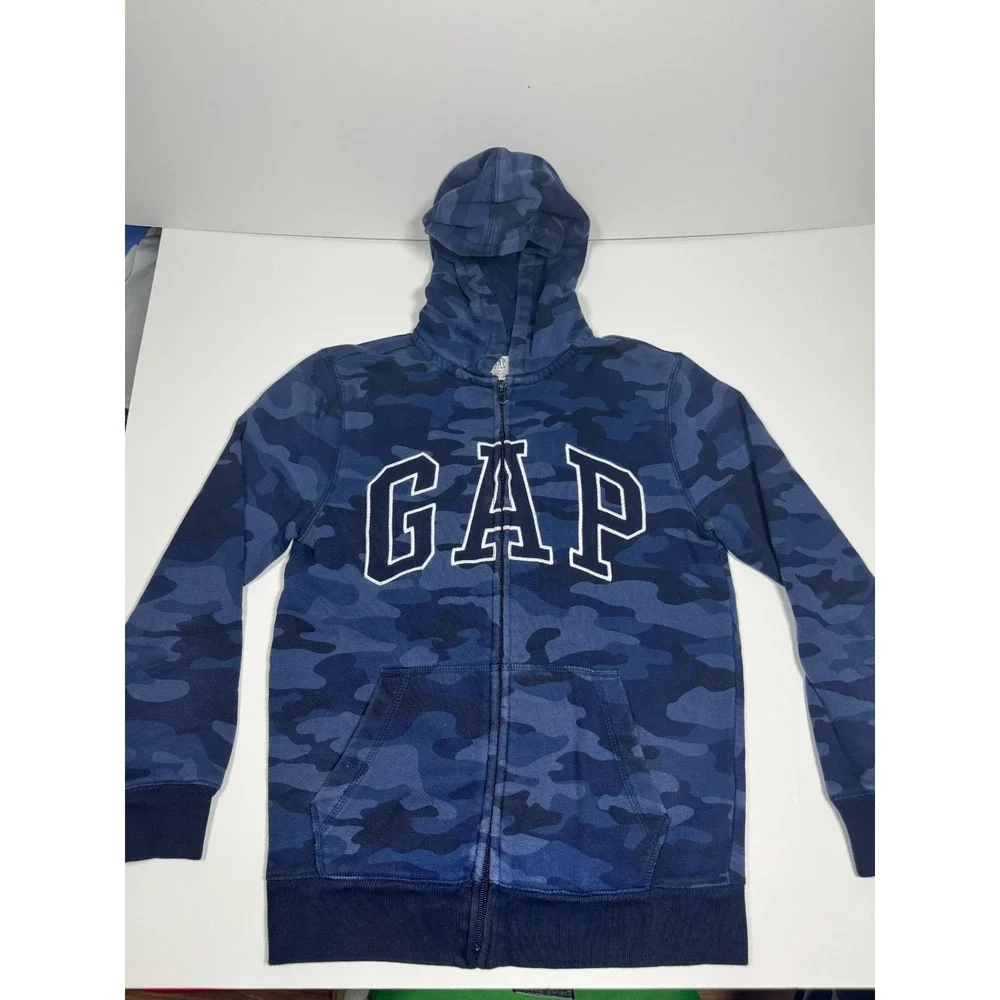 Gap Kids Hoodie Boys XL Blue Camouflage Fleece Lined Arch Logo Full Zip Cotton‎